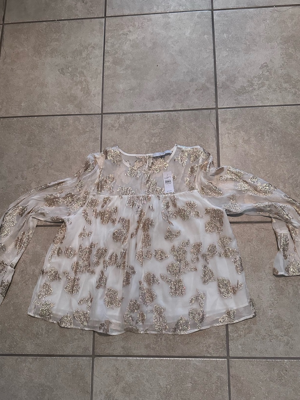 LOFT Sheer White Blouse with Gold Sequin Accents